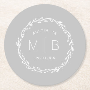 Monogram från Rustic WAN Bröllop GRÅTT Underlägg Papper Rund