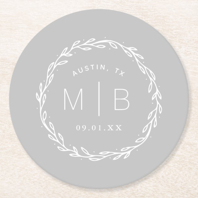 Monogram från Rustic WAN Bröllop | GRÅTT Underlägg Papper Rund (Framsidan)
