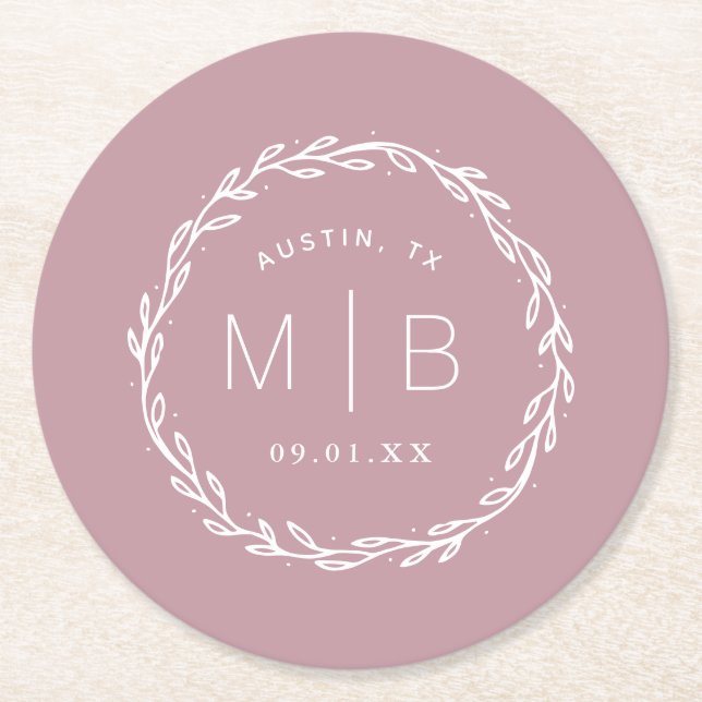 Monogram från Rustic WAN Bröllop | Mauve Underlägg Papper Rund (Framsidan)