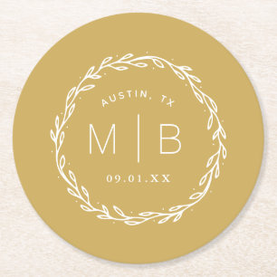 Monogram från Rustic WAN Bröllop Senap-Gult Underlägg Papper Rund