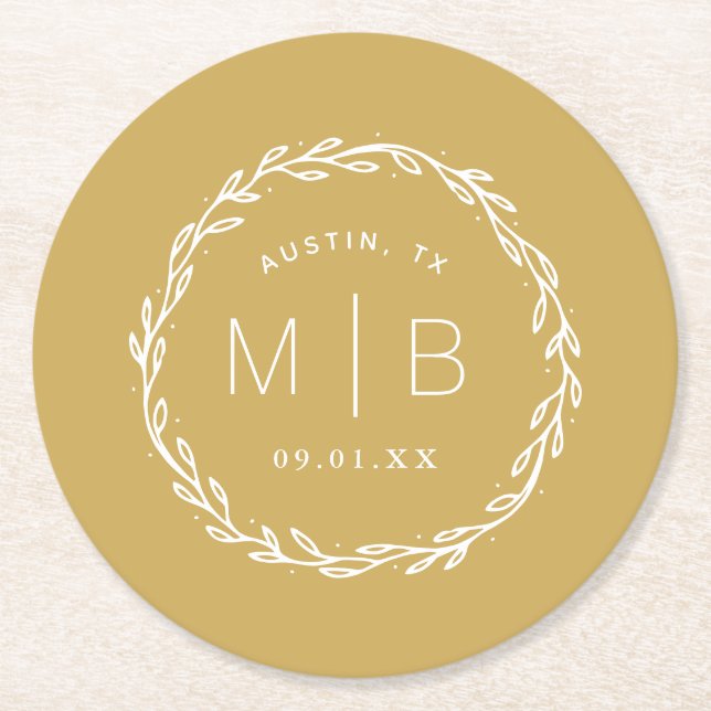 Monogram från Rustic WAN Bröllop | Senap-Gult Underlägg Papper Rund (Framsidan)