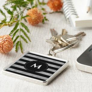 Monogram från Svarta Silver Glitter Fyrkantig Silverfärgad Nyckelring