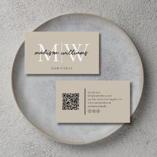 Monogram Frisör QR-kod Beige Visitkort