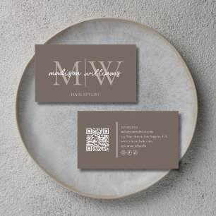Monogram Frisör QR-kod Taupe Visitkort