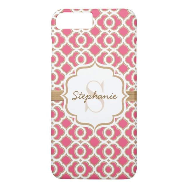 Monogram Fuchsia och Guld Quatrefoil Case-Mate iPhone Skal (Baksida)