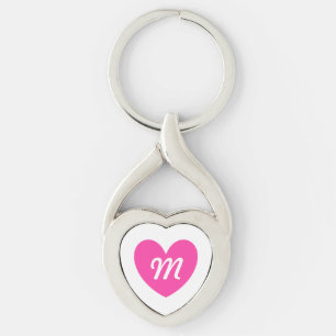 Monogram fuchsia rosa hjärta på vitt twisted heart silverfärgad nyckelring