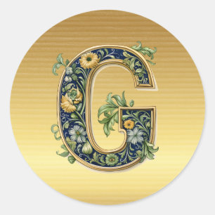 Monogram G, blommönstret i guld Runt Klistermärke