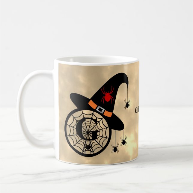Monogram G Halloween Himlar Witch Spiders Namn Kaffemugg (Vänster)