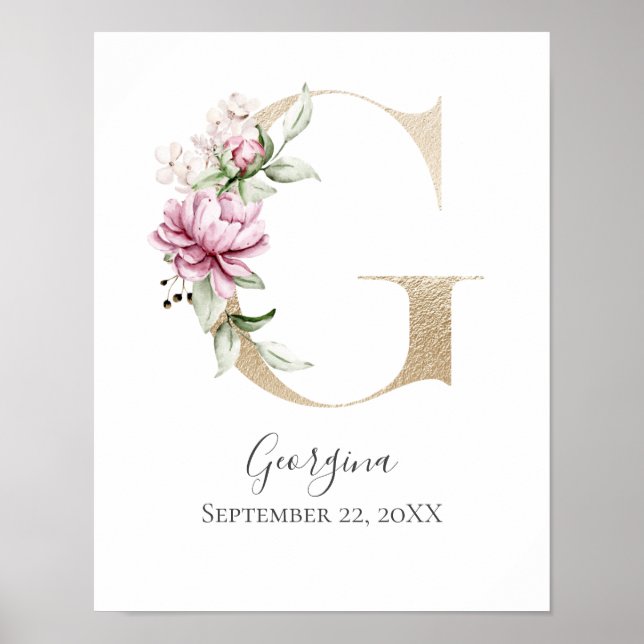 Monogram G Rosa White Blommigt Guld Brev Nursery Poster (Framsidan)