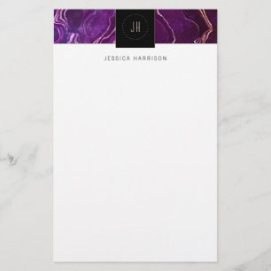 Monogram Geode Mörk Lila Black Abstrakt Agate Brevpapper