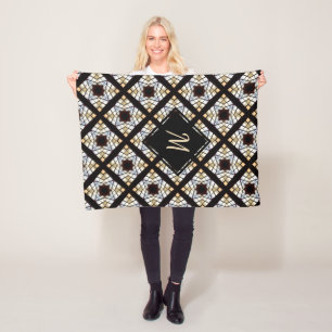 Monogram Geometric Black Blue Gult Mönster Fleecefilt