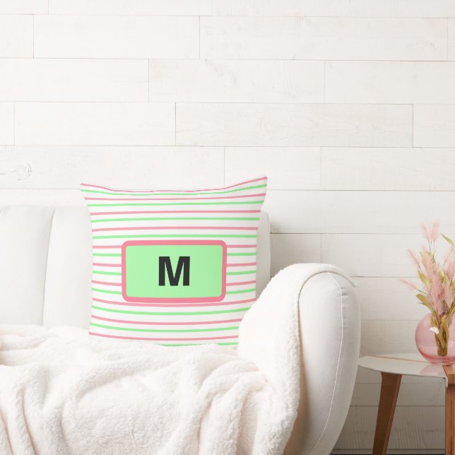 Monogram geometriska ränder rosa grön vit kudde (Soffa)