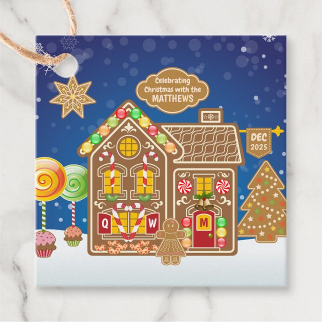 Monogram Gingerbröd House jul Cookies Candy Gåvor Etiketter (Framsida)