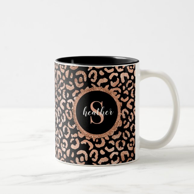 Monogram Girly Leopard Animal Print Two-Tone Kaffe Två-Tonad Mugg (Höger)