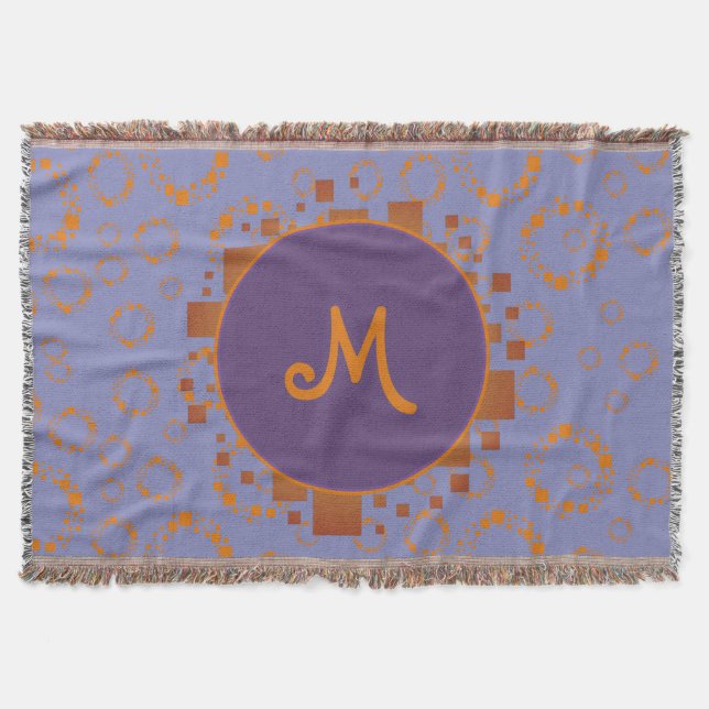 Monogram Girly Orange Lila Circle Square Mönster Filt (Framsidan)