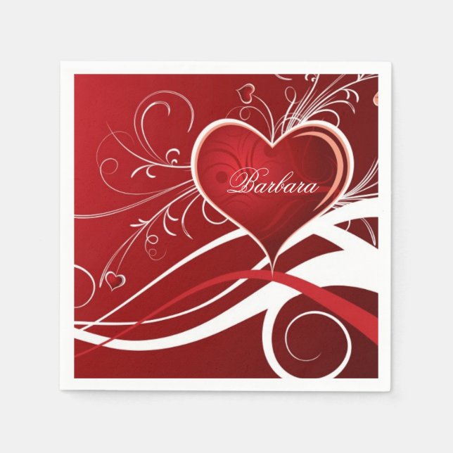 Monogram Girly Red & White Heart and Blommigt Swir Pappersservett (Framsidan)