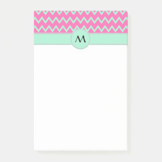 Monogram Girly Rosa och Grönt Zigzag Mönster Post-it Block