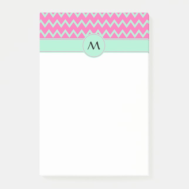 Monogram Girly Rosa och Grönt Zigzag Mönster Post-it Block (Framsida)