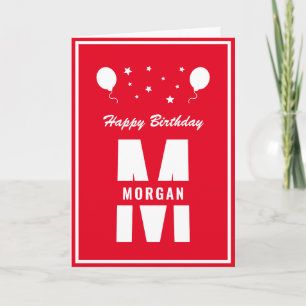 Monogram Glad födelsedag valfri ålder röd och vit Kort
