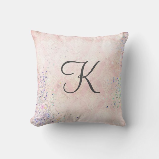 Monogram Glam Chic Rosa Grå Glitter Elegant Kudde (Framsida)