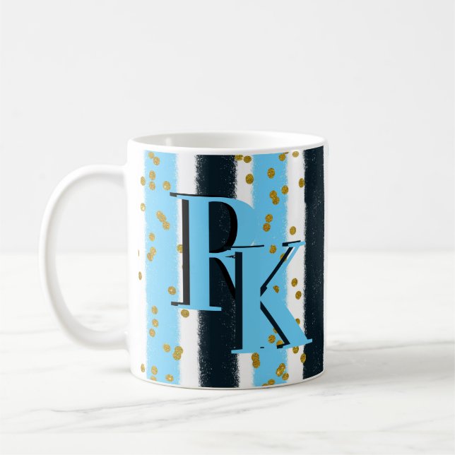 Monogram glam för trendig Blue Rand Guld Glitter Kaffemugg (Vänster)