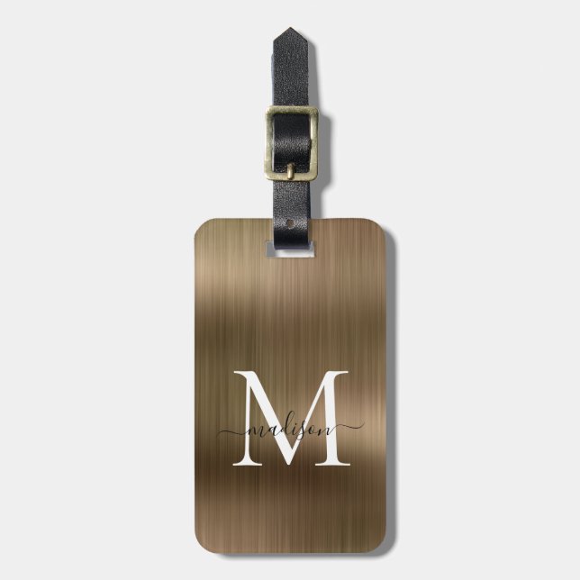 Monogram Glam Metall-skript av koppar Guld Brushed Bagagebricka (Vertikal Framsida)