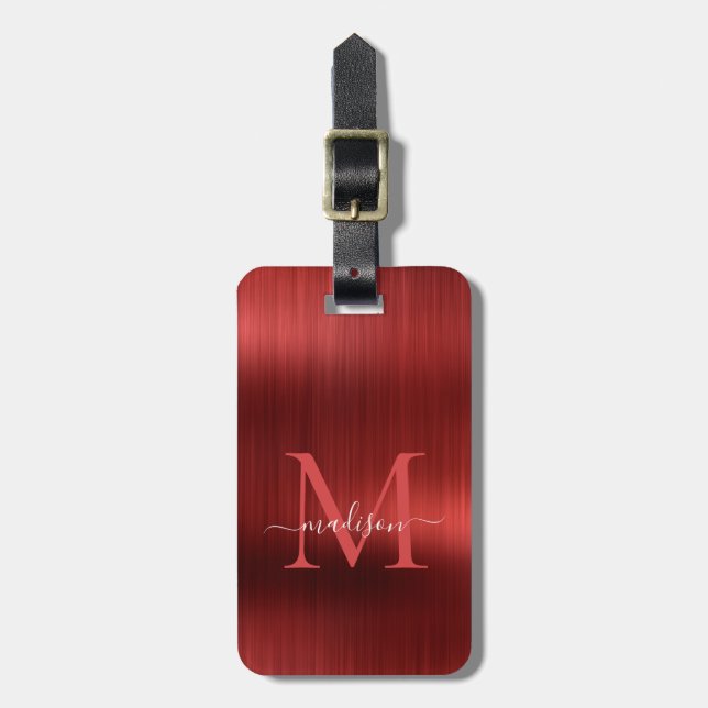 Monogram Glam Modern Red Brushed Metall Bagagebricka (Vertikal Framsida)