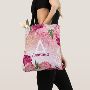Monogram Glitter Blommigt rosa design Tygkasse