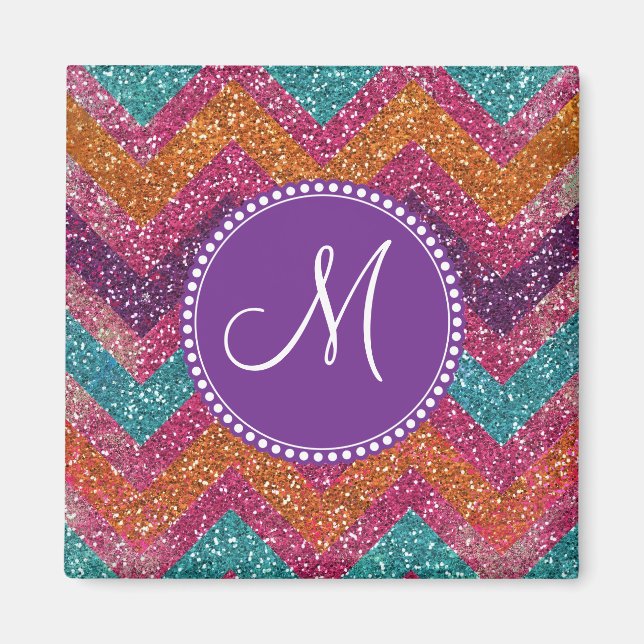 Monogram Glitter Chevron Rosa Lila Orange Teal Magnet (Framsidan)