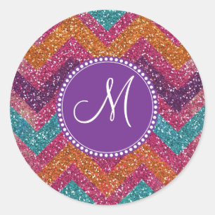 Monogram Glitter Chevron Rosa Lila Orange Teal Runt Klistermärke
