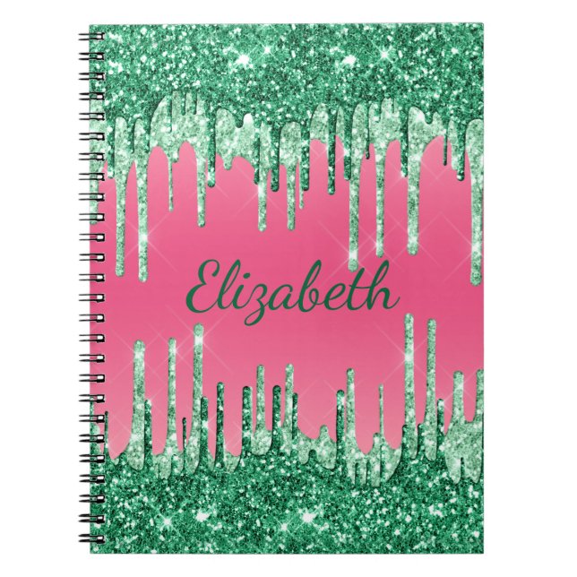 Monogram Glitter Drips Rosa Grön Trendig Glamour Anteckningsbok (Framsidan)
