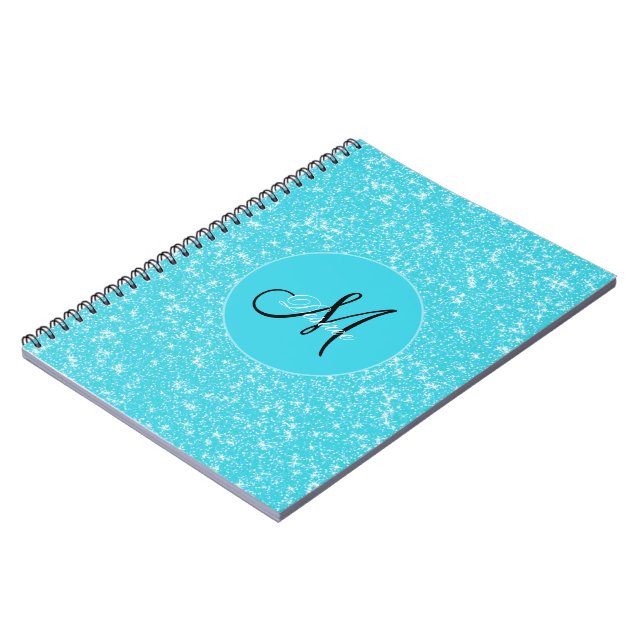 Monogram Glitter Gnistra Teal White Girly Elegant Anteckningsbok (Vänstra Sidan)