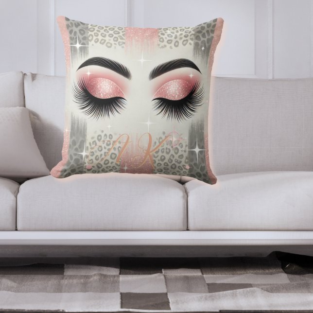 Monogram Glitter Ögonfransar  Kudde (Glam pink glitter lashes monogram pillow — luxe gift for bride, bridesmaids, or beauty lover)