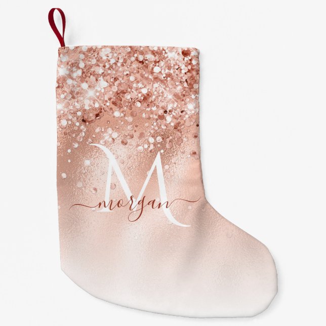 Monogram glitter Peach Ro Guld Liten Julstrumpa (Framsidan)