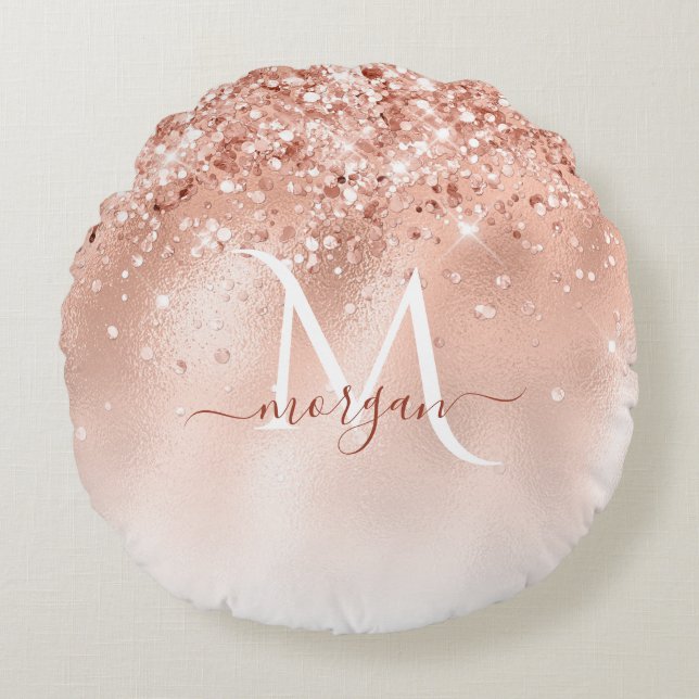 Monogram glitter Peach Ro Guld Rund Kudde (Framsidan)