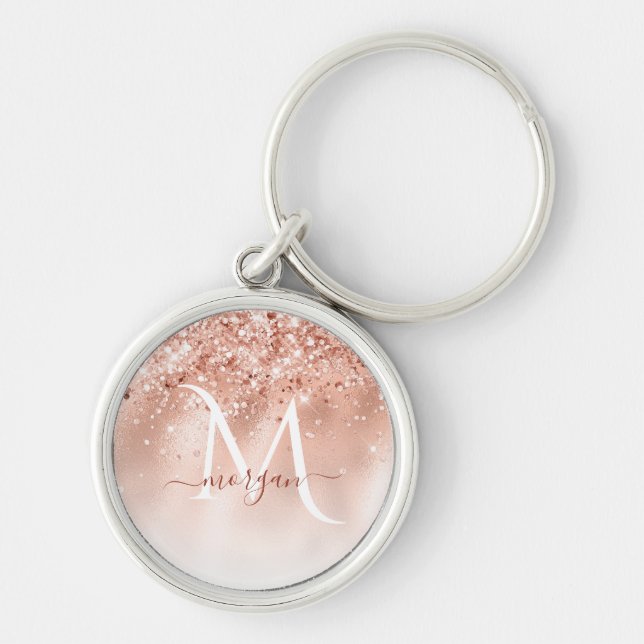 Monogram glitter Peach Ro Guld Rund Silverfärgad Nyckelring (Framsidan)