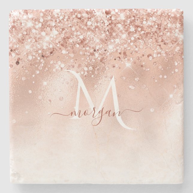 Monogram glitter Peach Ro Guld Stenunderlägg (Framsidan)