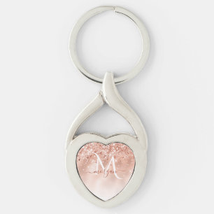 Monogram glitter Peach Ro Guld Twisted Heart Silverfärgad Nyckelring
