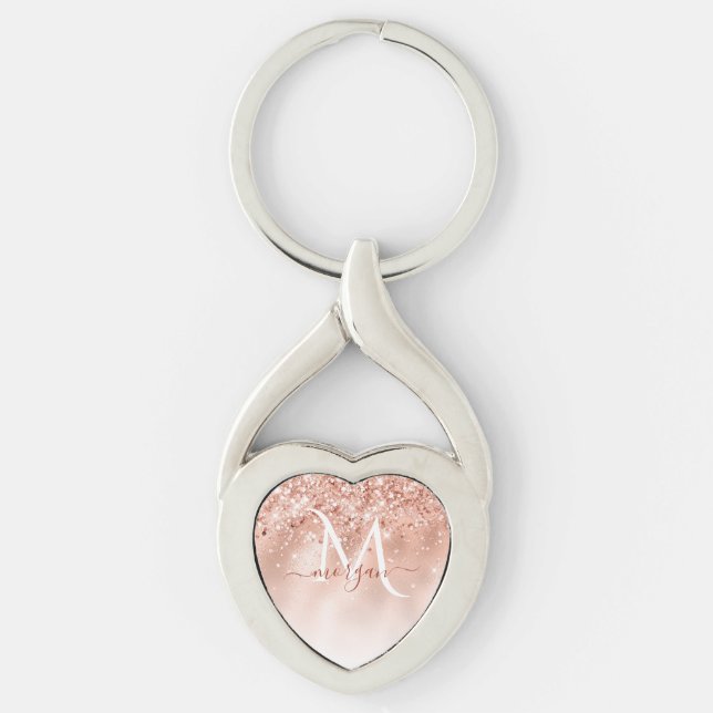 Monogram glitter Peach Ro Guld Twisted Heart Silverfärgad Nyckelring (Framsidan)