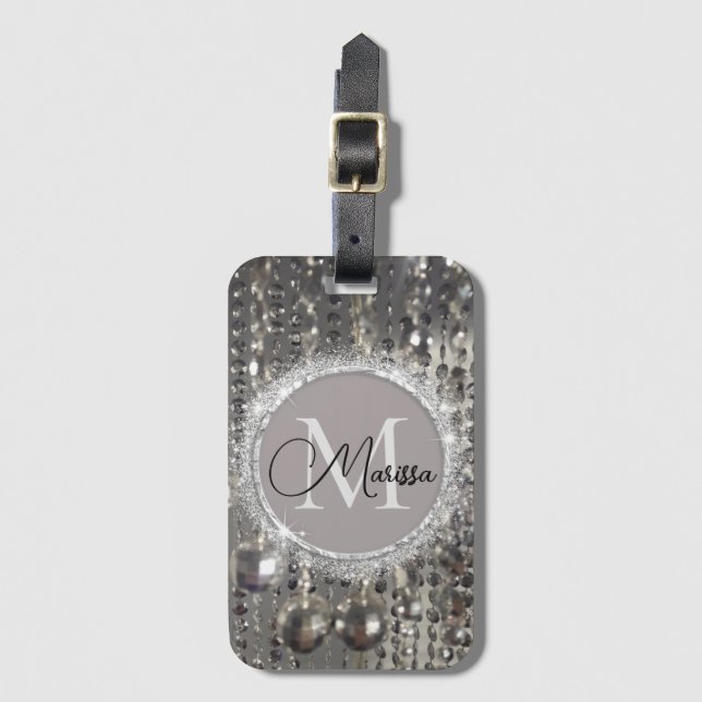 Monogram glitter silverpärlor med snurra          bagagebricka (Framsida vertikal)