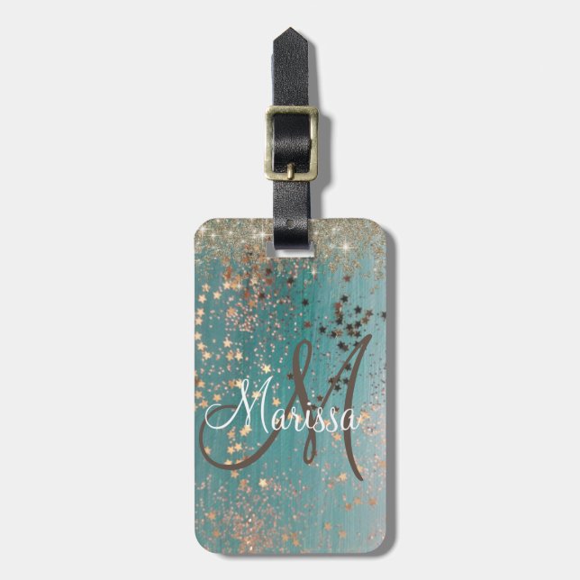 Monogram Glitter Stars på Teal Personlig Bagagebricka (Vertikal Framsida)
