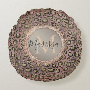 Monogram Glittery Chic Leopard Ro Guld Rund Kudde