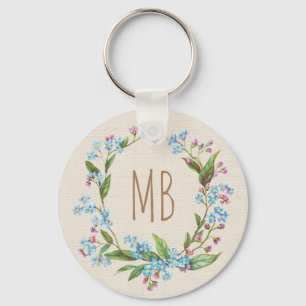 Monogram, glöm - me- not, andningsblåstöt Rustic Nyckelring
