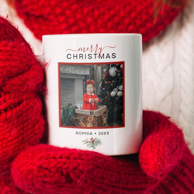 Monogram God jul Watercolor Holly Photo Kaffemugg (Modern typography Merry Christmas customizable photo mug with a little watercolor holly branch.)