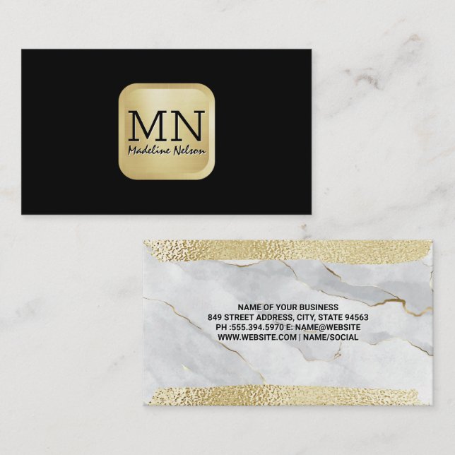 Monogram | Gold Foil Brushed | Marble Visitkort (Fram/baksida)