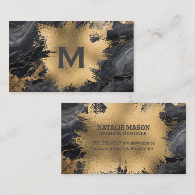 Monogram | Gold Foil Splatter | Marble Visitkort (Fram/baksida)