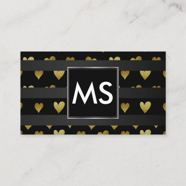 Monogram | Gold Hearts | Stripes Visitkort (Framsida)