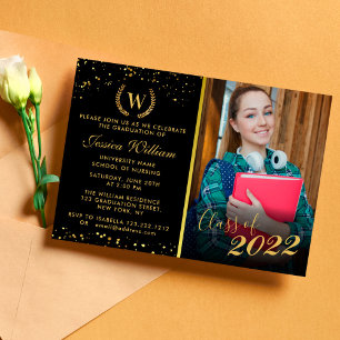 Monogram Golden Laurel Wandan Glitter Studenten Inbjudningar