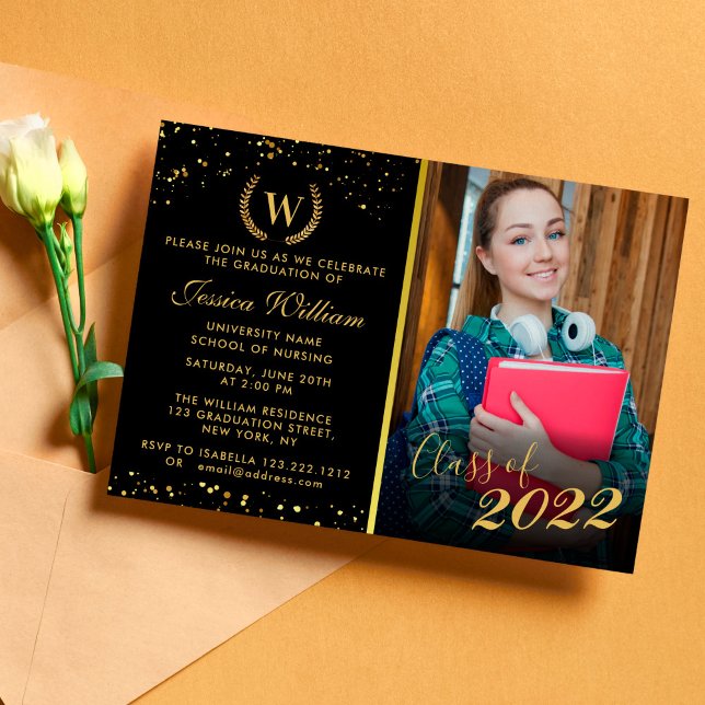 Monogram Golden Laurel Wandan Glitter Studenten Inbjudningar (Skapare uppladdad)