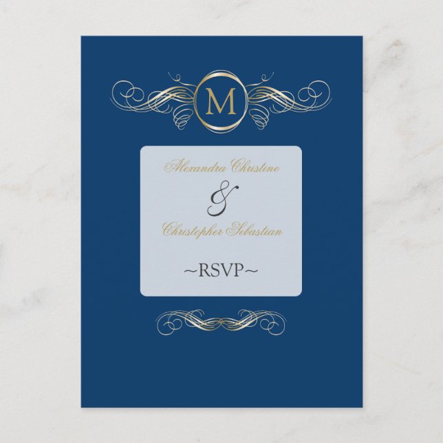 Monogram Golden Swirls Elegant Blue OSA Inbjudan Vykort (Framsida)